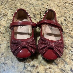 Sugar Girls Burgundy Mary Jane Flats with Glitter Bow